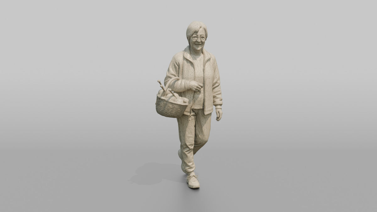 Grandmother Carrying A Basket Of Yarn And Knitting Needles - wireframe topology preview