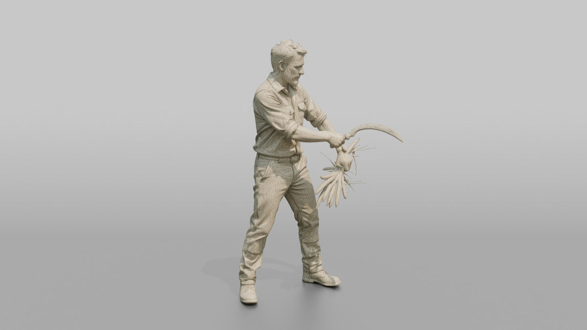 Farmer Slicing Wheat Stalks Hand Sickle - wireframe topology preview