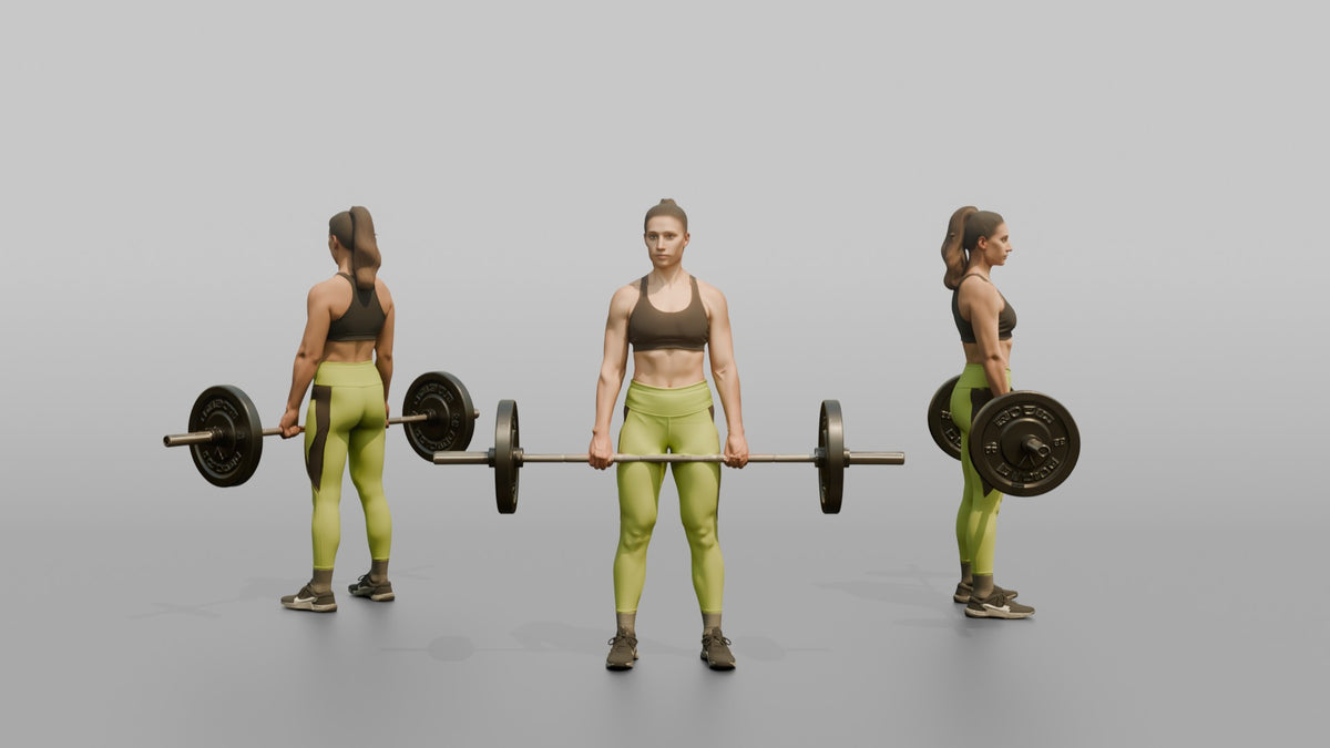 Weightlifter Woman Holding A Loaded Barbell At The Hips Ready To Lift - 3D character model, view 1