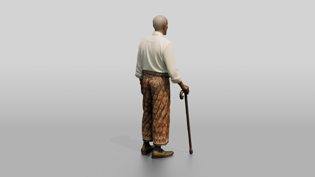 Elderly African Man in Patterned Sarong Leaning on a Cane