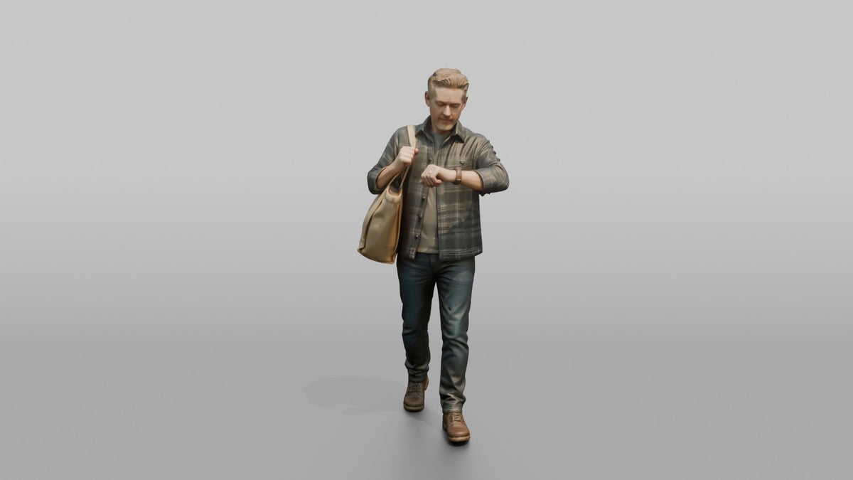 Man Customer Carrying A Large Shopping Bag Over One Shoulder While Checking His Watch - 3D character model, view 5