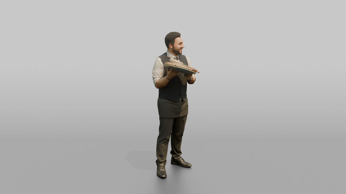 Server Woman Presenting A Plate With A Flourish - 3D character model, view 2
