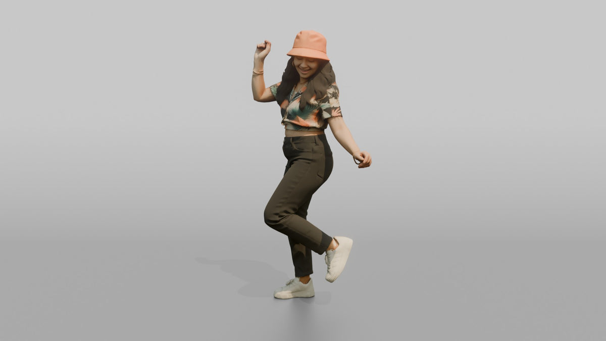 Patron Woman Wearing A Bucket Hat In A Bright Color, Dancing Casually - 3D character model, view 4