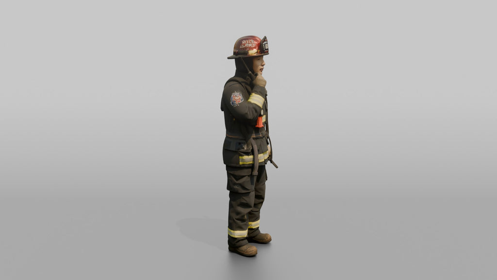 Firefighter Woman Speaking Into a Shoulder Walkie-talkie
