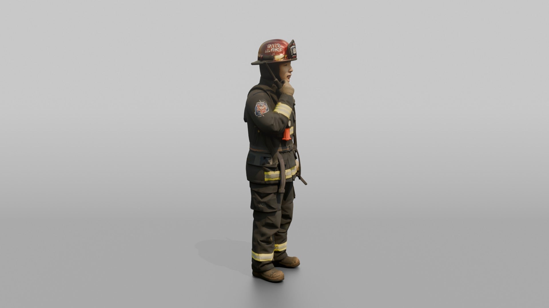 Firefighter Woman Speaking Into a Shoulder Walkie-talkie