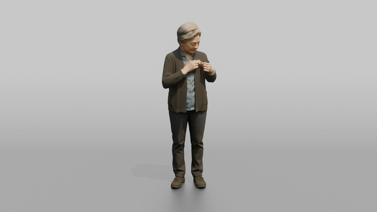 Grandmother Adjusting A Brooch On Her Cardigan - 3D character model