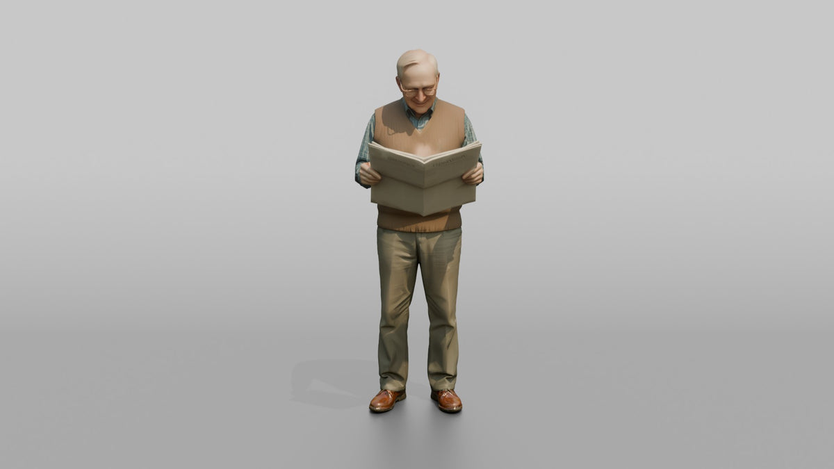 Grandfather Holding A Newspaper, Reading Through His Glasses - 3D character model, view 5