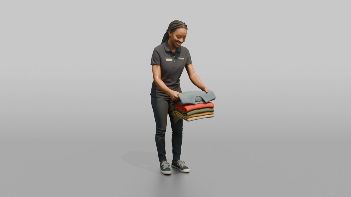 Woman Sales Associate Folding A Stack Of Sweaters - 3D character model, view 5