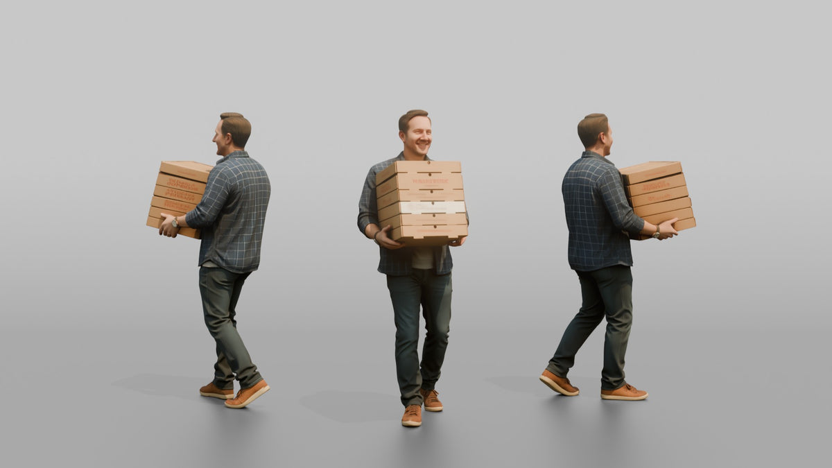 Father Carrying A Stack Of Pizza Boxes Balanced In Both Arms - 3D character model, view 1