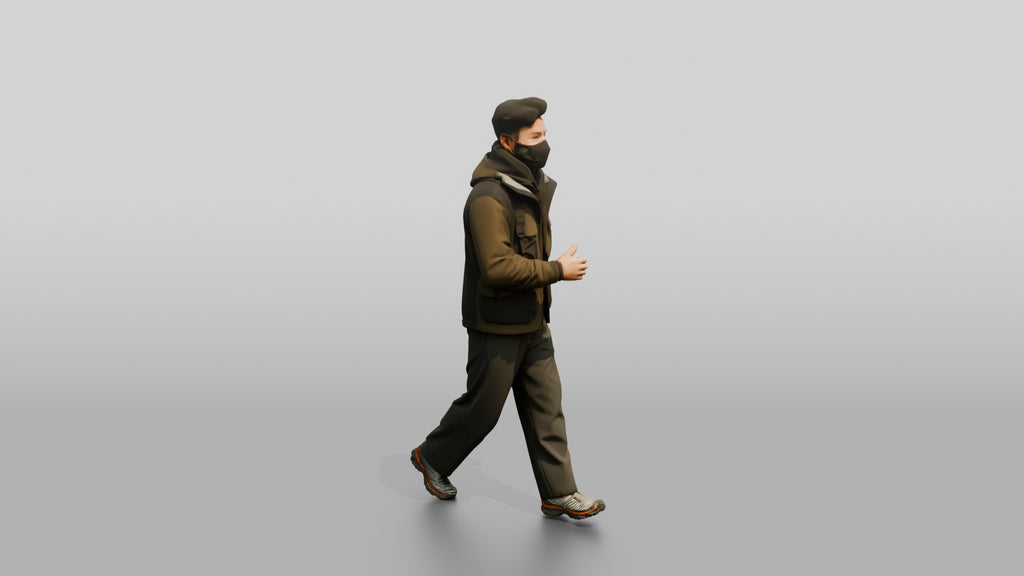 Techwear Man Walking in Layered Jacket