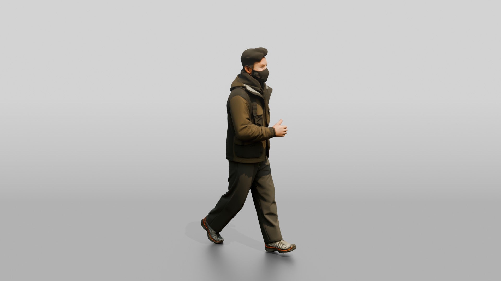 Techwear Man Walking in Layered Jacket