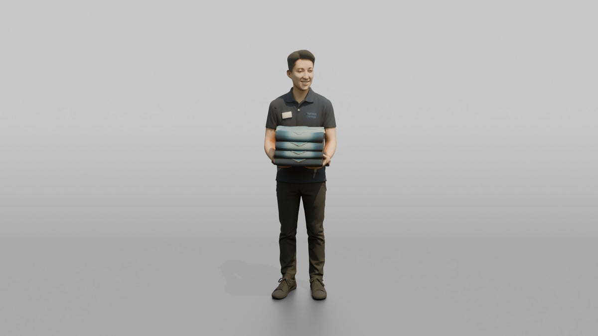 Man Retail Employee Holding A Stack Of Folded Jeans - 3D character model, view 5