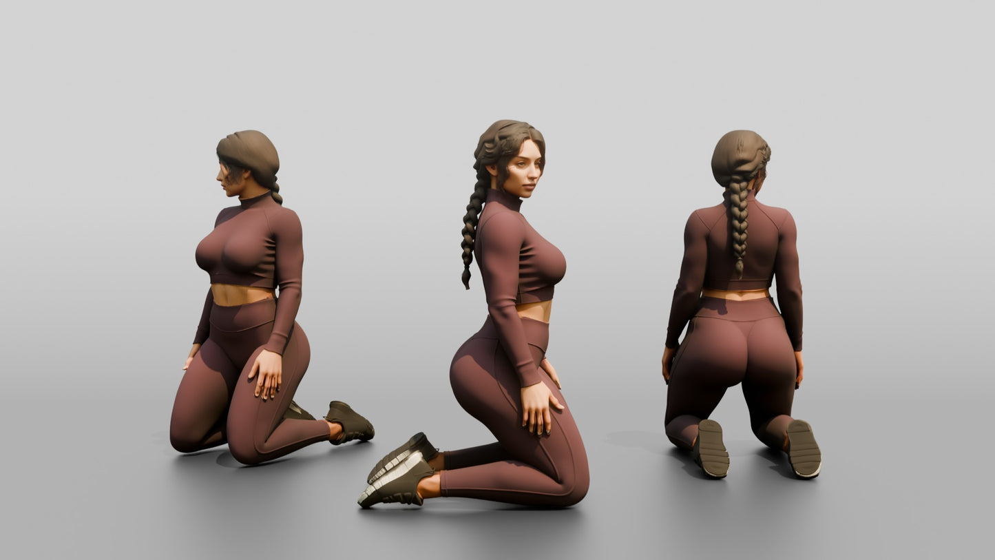 Woman Kneeling in Burgundy Long-Sleeve Activewear