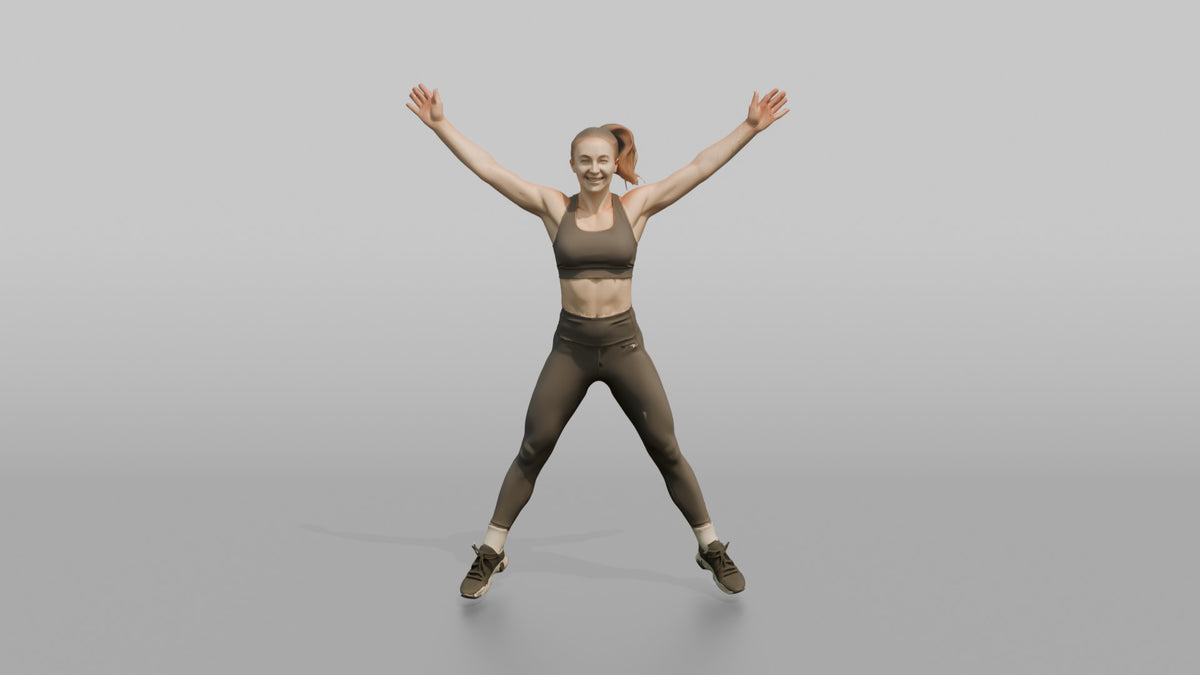 Cardio Athlete Woman Mid-jumping-jack, Arms Out To The Sides - 3D character model, view 5
