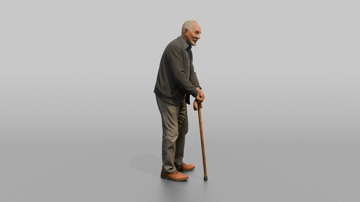 Grandfather Leaning On A Wooden Cane With Both Hands - 3D character model, view 2