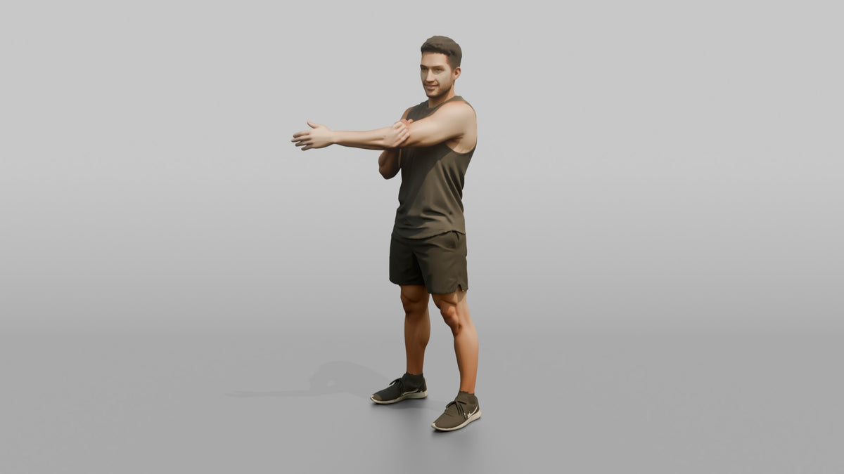Fitness Influencer Man Stretching One Arm Across The Chest - 3D character model, view 4