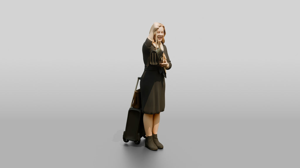 Plus-Size Blonde Woman in Black Dress with Rolling Suitcase