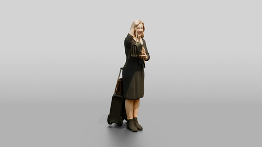 Plus-Size Blonde Woman in Black Dress with Rolling Suitcase - 3D character model, view 1