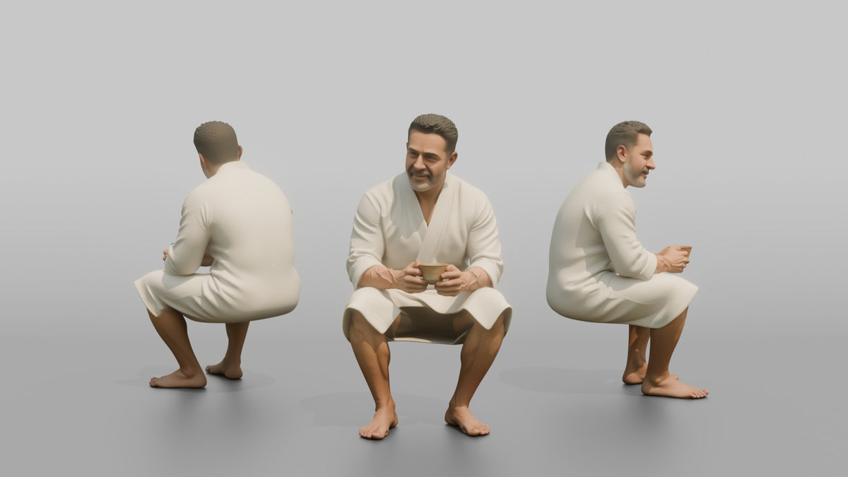 Spa Client Man Sitting Holding A Cup Of Herbal Tea With Both Hands - 3D character model, view 1