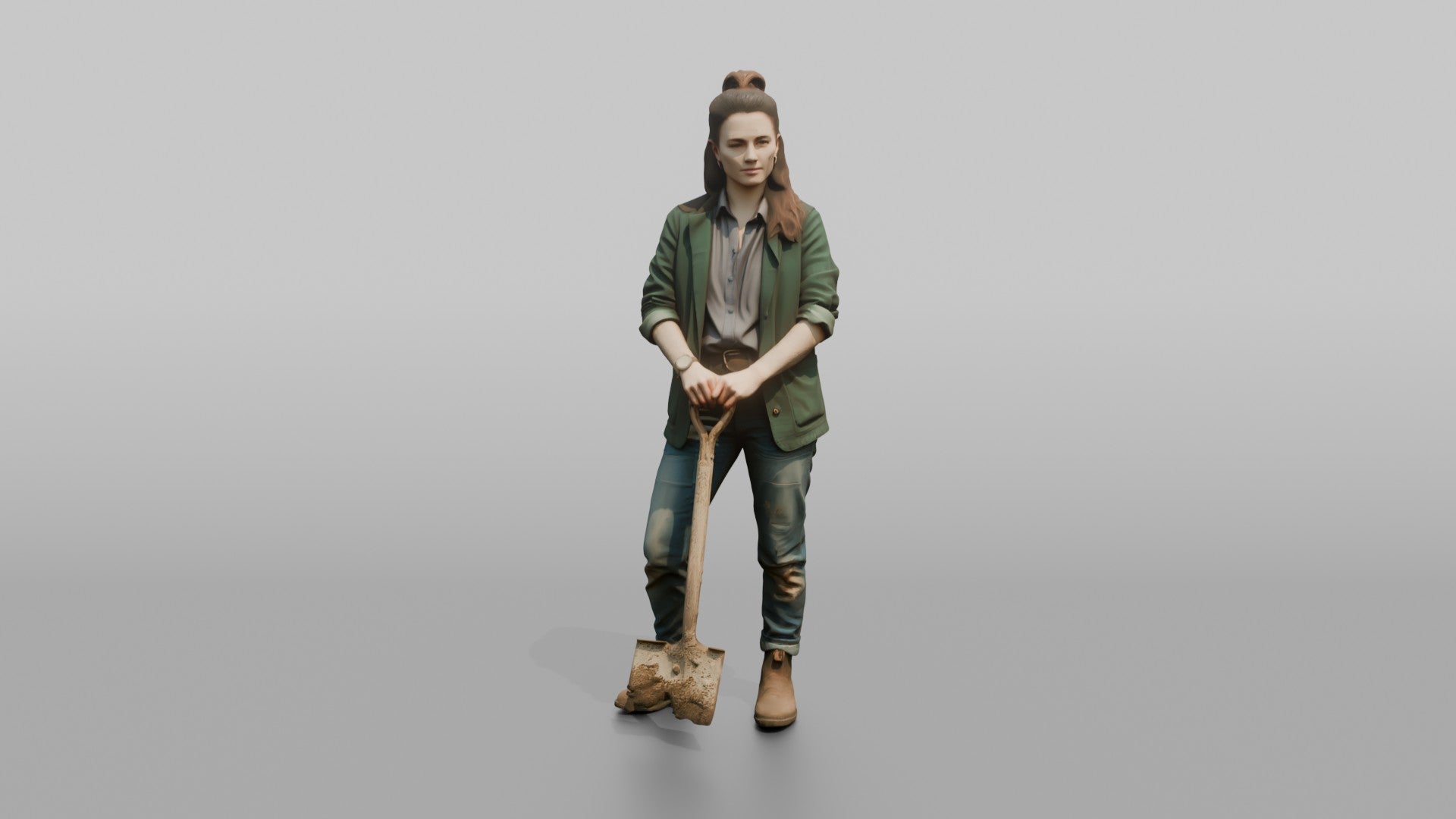 Farmer Standing Proudly Dirt Covered Spade