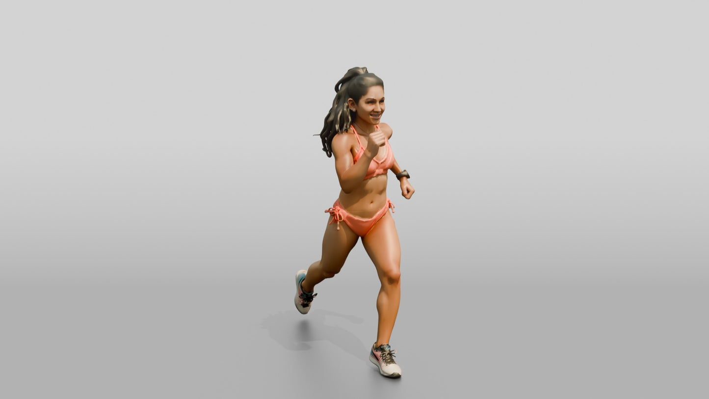 Latina Woman Running in Bold Coral Bikini