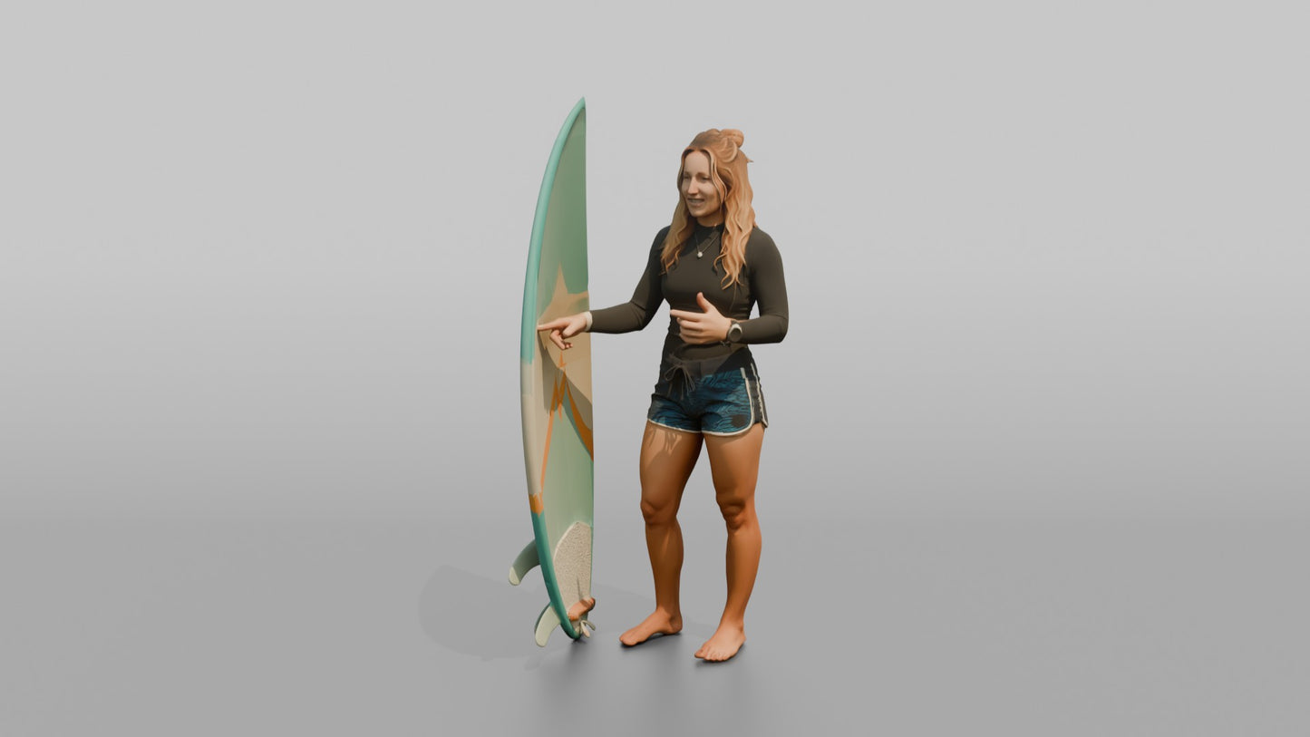 Surfer Gesturing Toward Her Surfboard