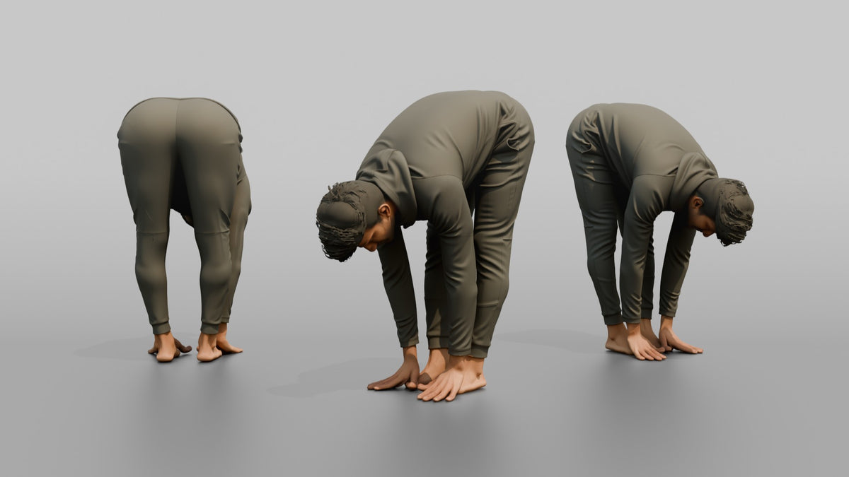 Fitness Influencer Man Doing A Forward Fold Stretch - 3D character model, view 1