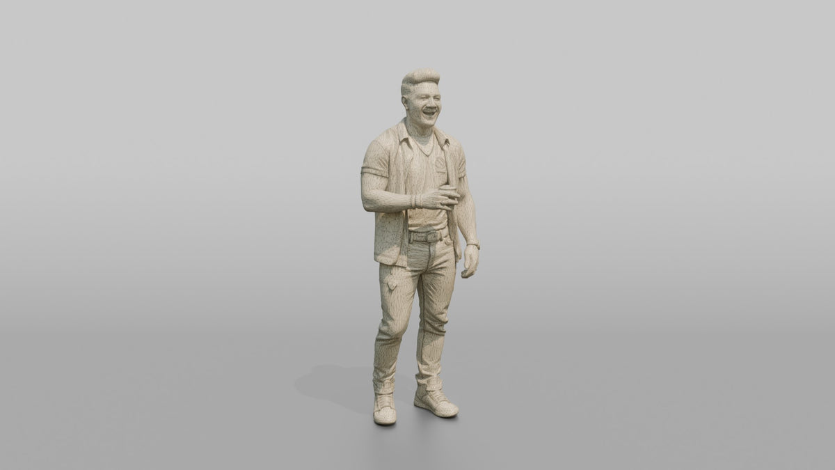 Patron Man Wearing Colorful Streetwear Layers, Mid-laugh, Holding A Drink - wireframe topology preview