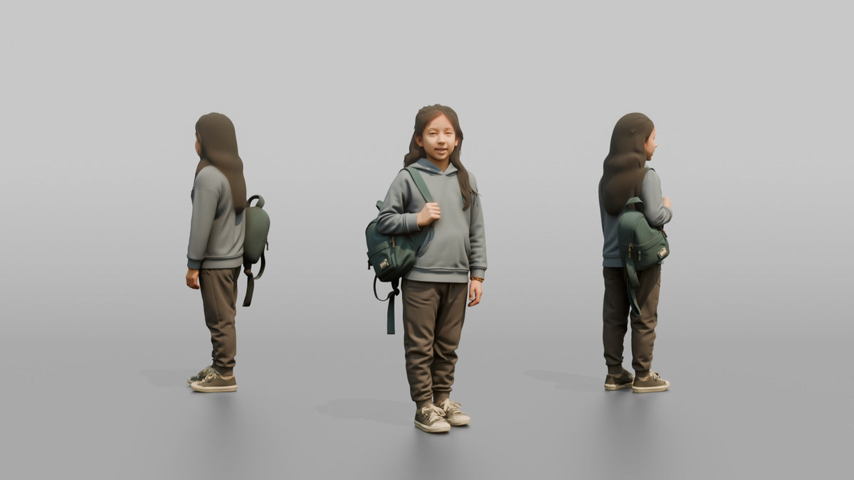 Daughter Carrying A Small Backpack By One Strap - 3D character model, view 1