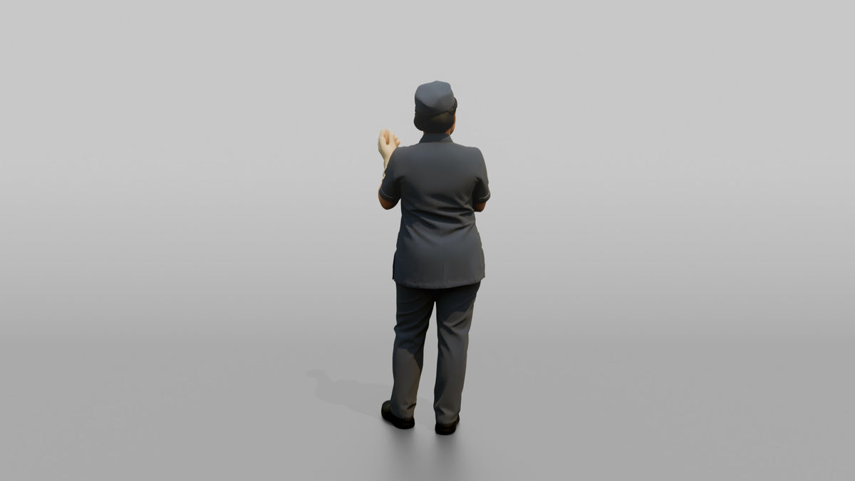 Housekeeping Staff Woman Adjusting Rubber Cleaning Gloves - 3D character model, view 3