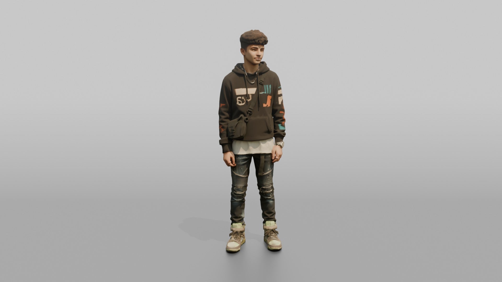 Middle Eastern Teen in Graphic Hoodie with Crossbody Bag