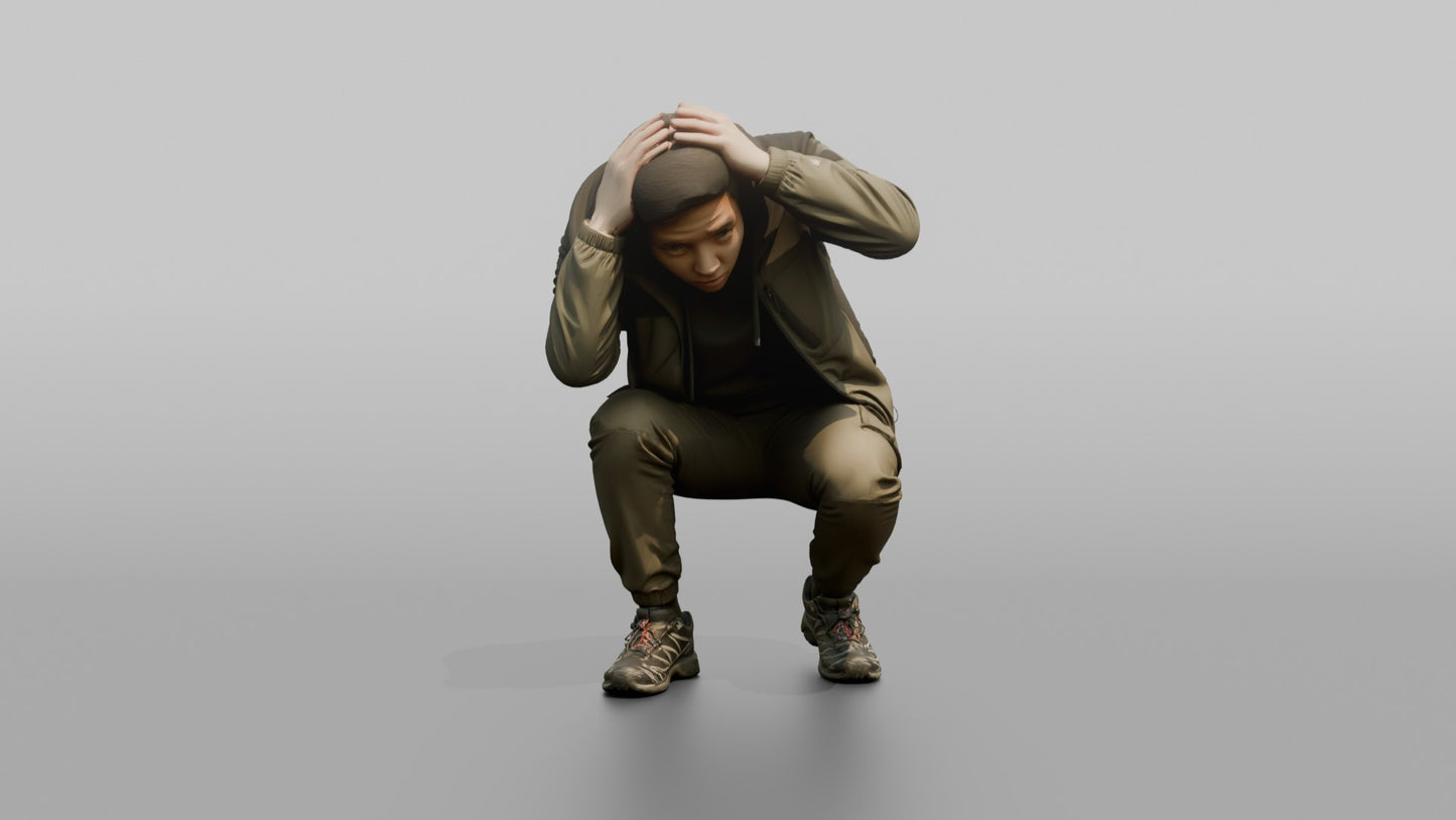 Protester Man Crouching with Hands on His Head