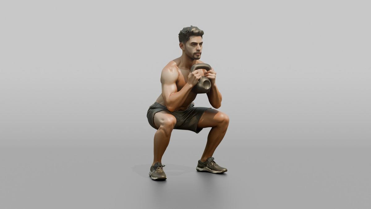 Weightlifter Man Holding A Kettlebell In A Goblet Squat Position - 3D character model