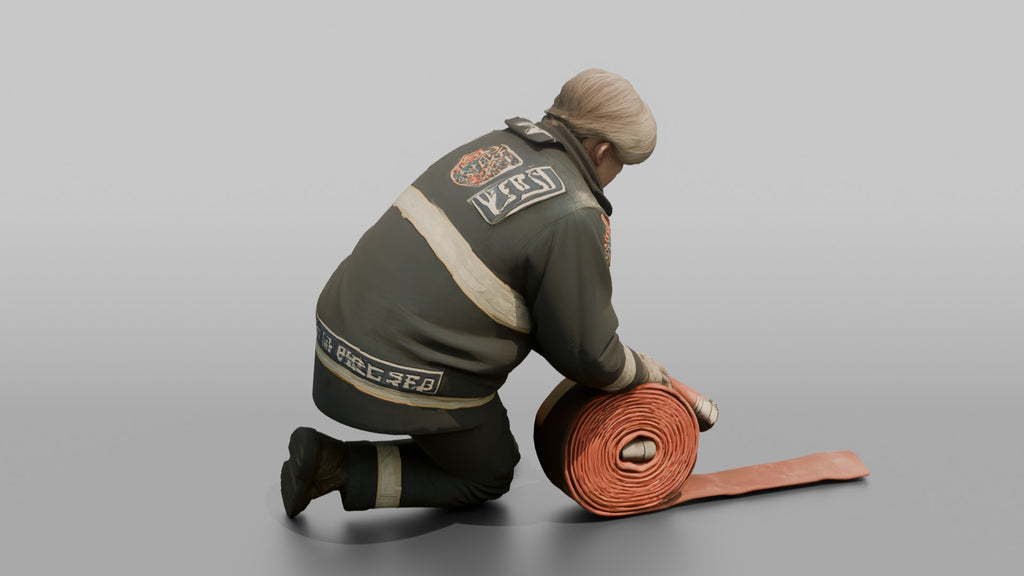 Firefighter Woman Rolling Up a Flat Fire Hose on the Ground