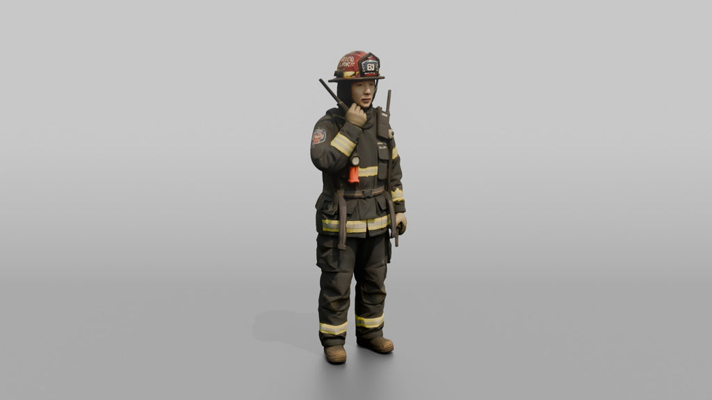 Firefighter Woman Speaking Into a Shoulder Walkie-talkie