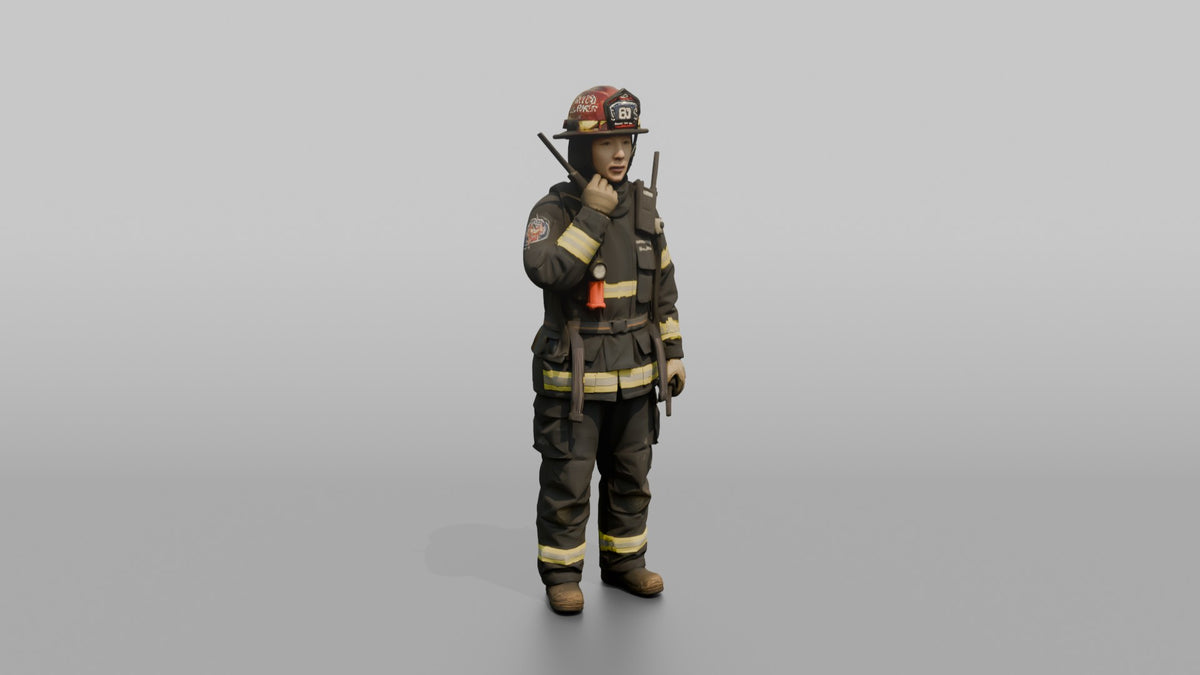 Firefighter Woman Speaking Into a Shoulder Walkie-talkie - 3D character model, view 1
