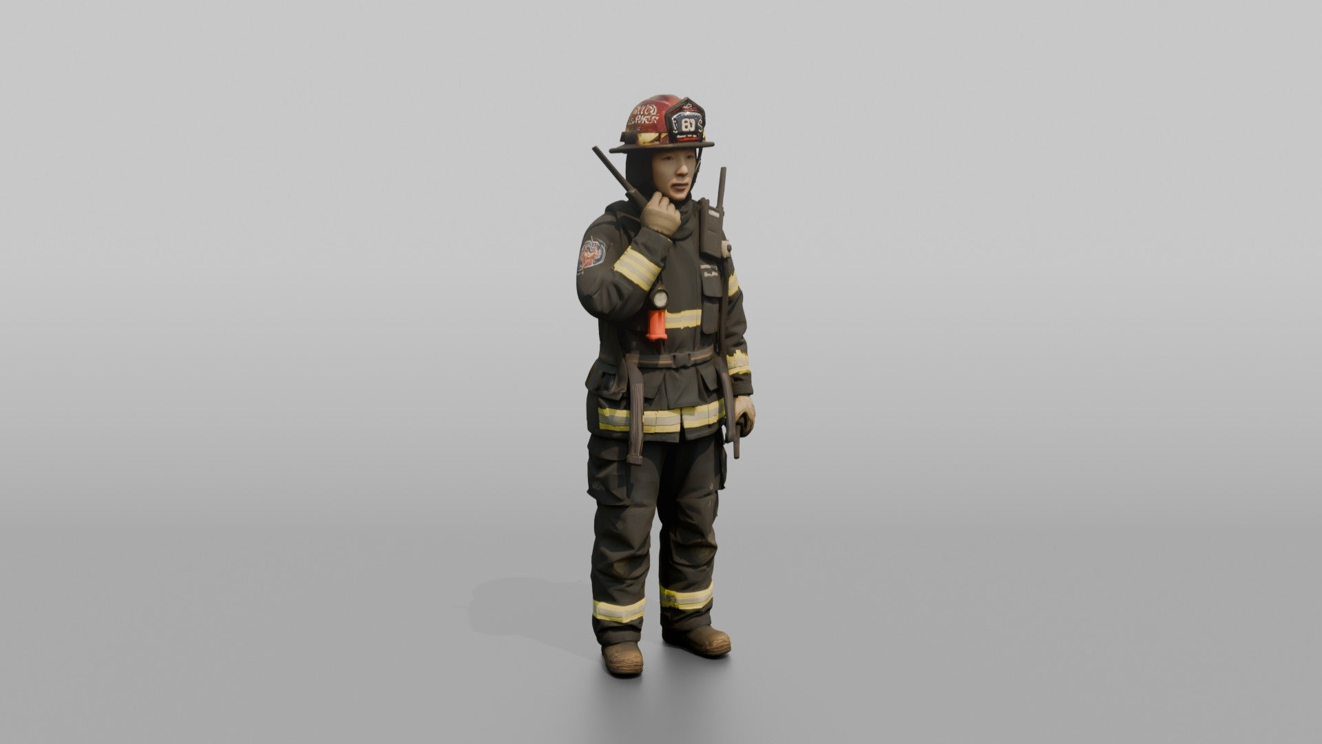 Firefighter Woman Speaking Into a Shoulder Walkie-talkie