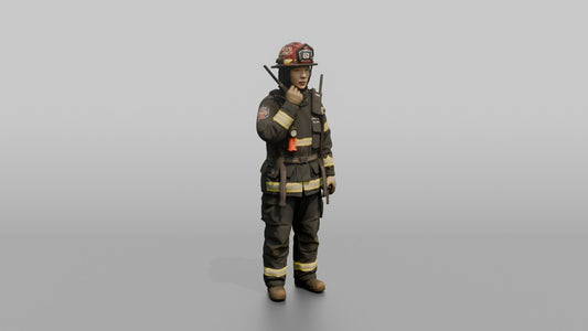 Firefighter Woman Speaking Into a Shoulder Walkie-talkie - 3D character model, view 1