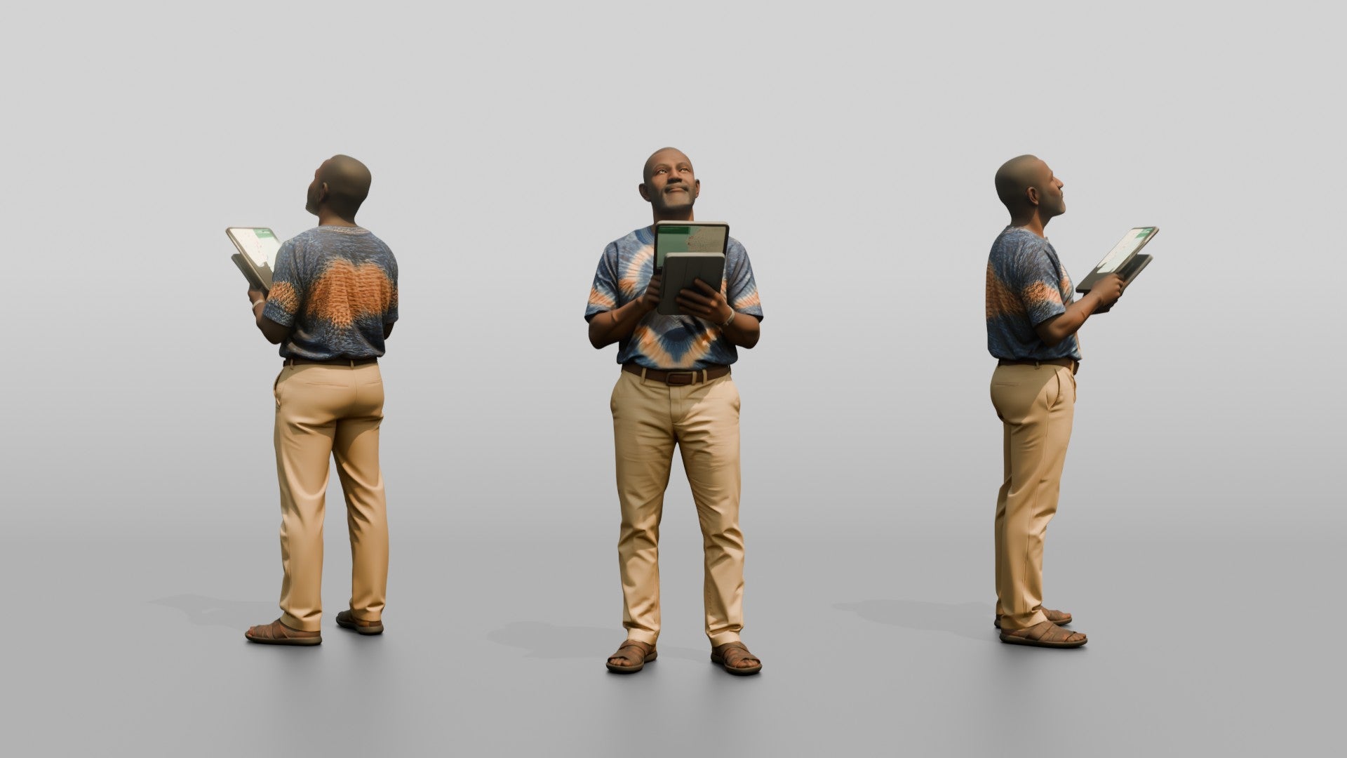Elderly African Man Holding a Tablet Looking Up