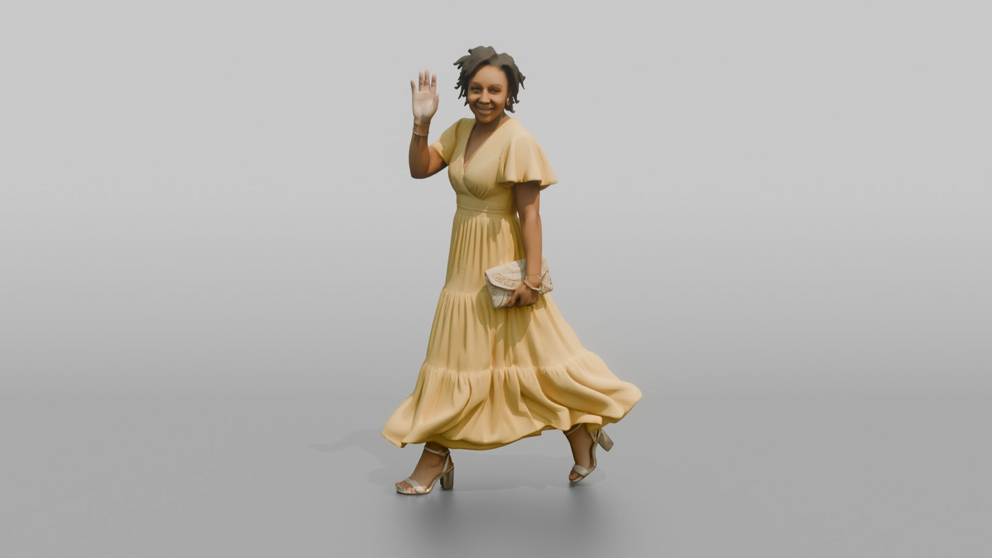 Wedding Guest Waving in a Yellow Chiffon Dress
