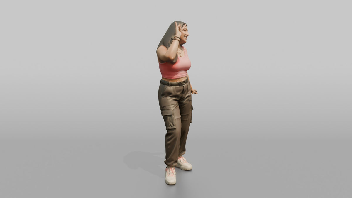 Patron Woman Striking A Playful Pose In A Neon Crop Top And Cargo Pants - 3D character model, view 2