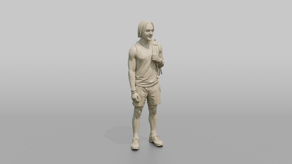 Hiker Slinging a Pack Over One Shoulder - wireframe topology preview