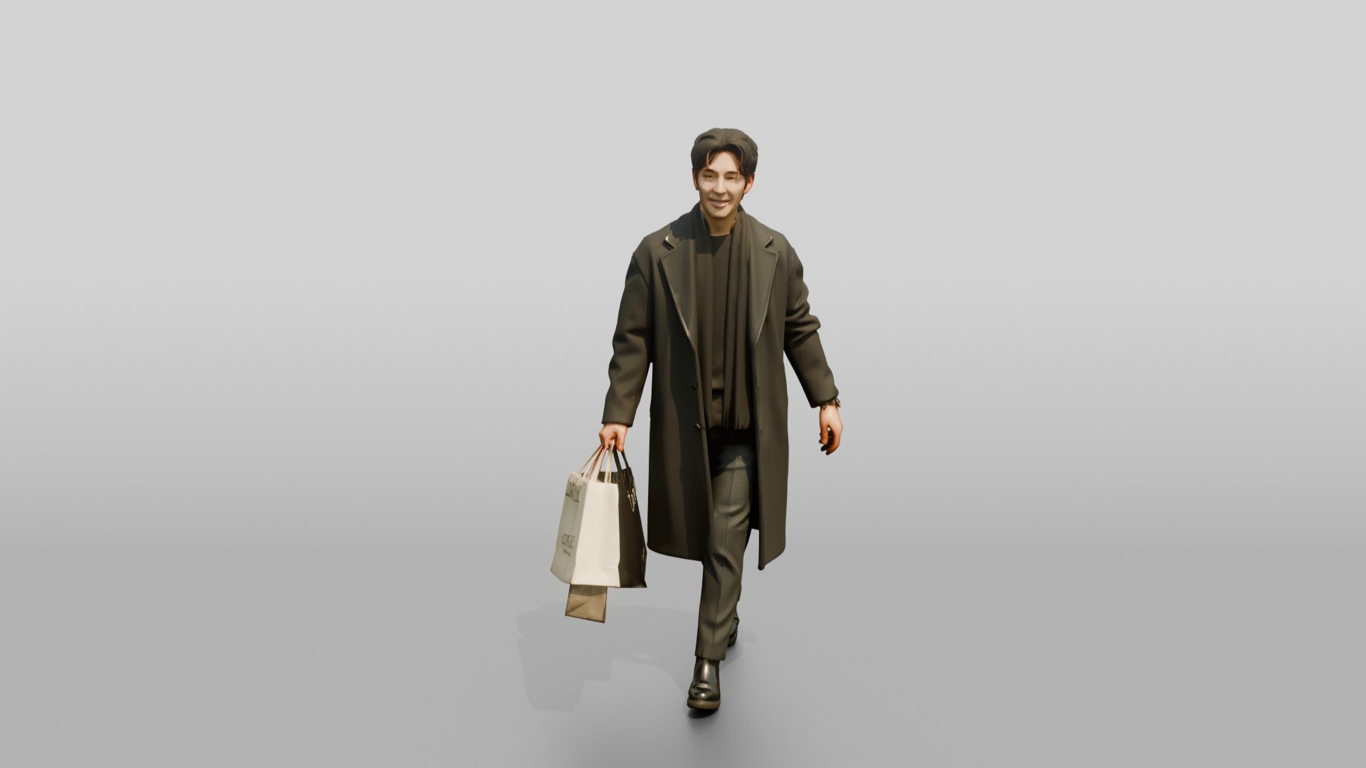 Man Walking in Long Wool Coat with Shopping Bags