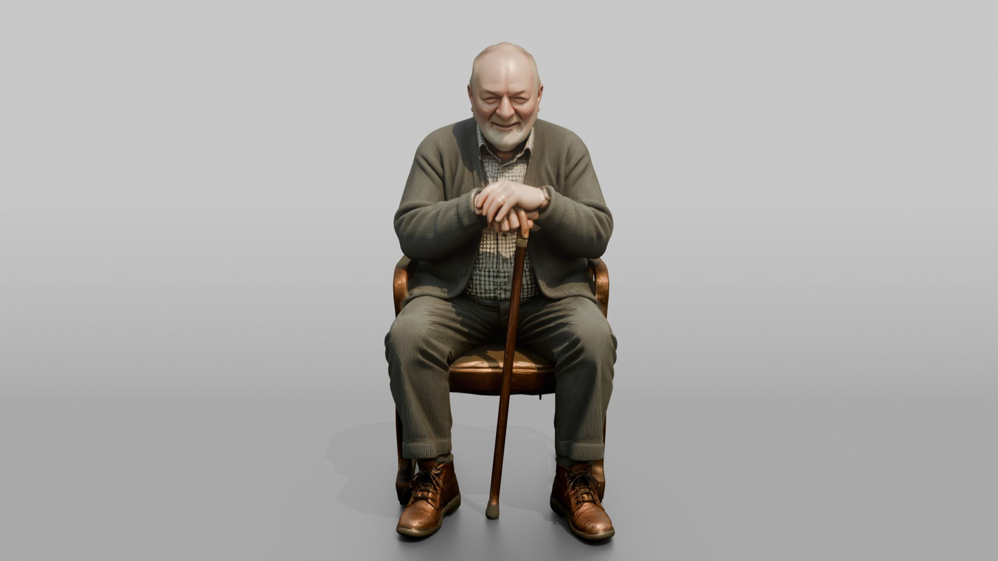 British Man Sitting Upright with a Cane