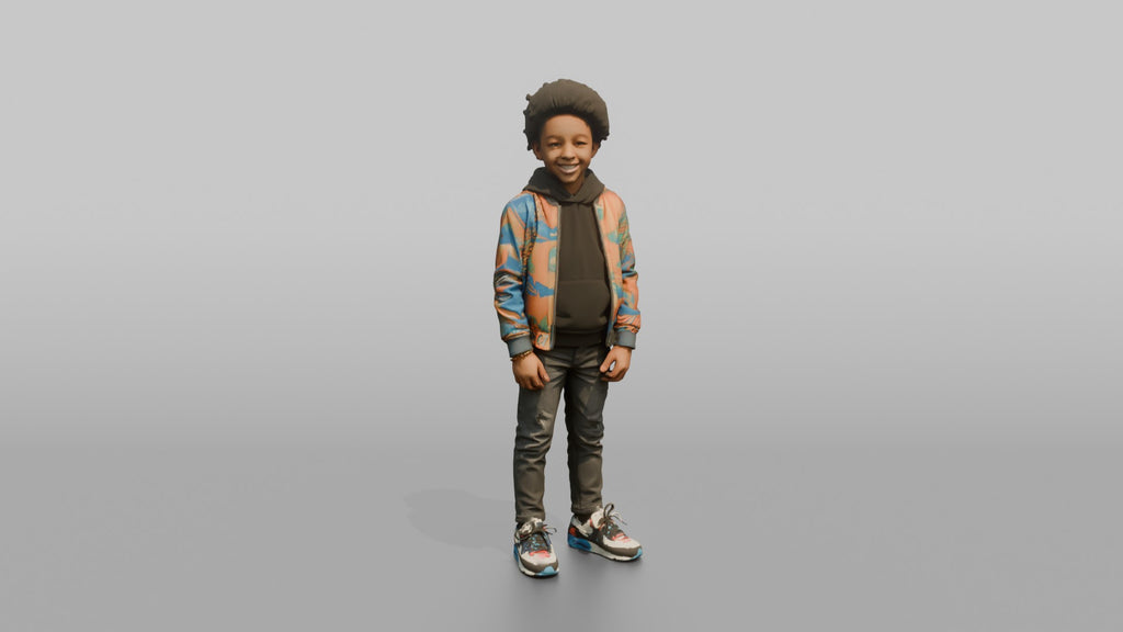 African Boy in Colorful Bomber Jacket and Sneakers
