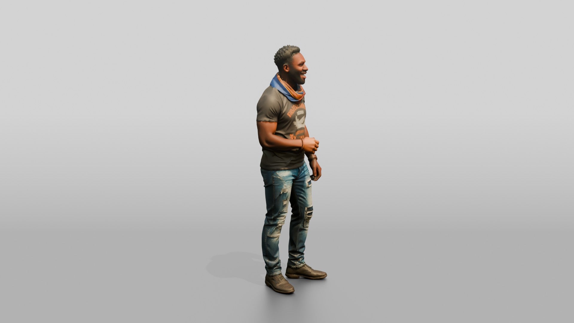 Muscular African Man Laughing in Distressed Jeans