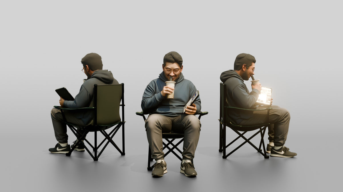Chinese Man Relaxing with Bubble Tea and Tablet - 3D character model