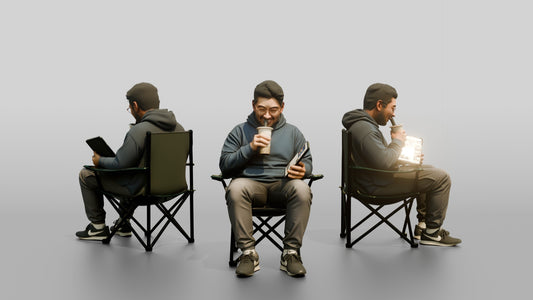 Chinese Man Relaxing with Bubble Tea and Tablet - 3D character model
