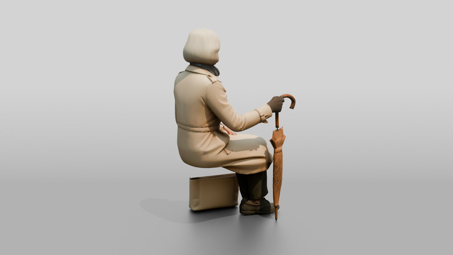 Elderly White Woman in Beige Raincoat on Bench