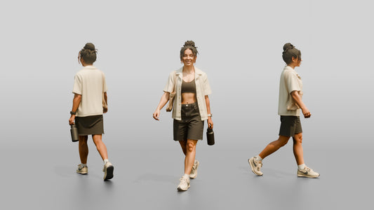 Multiracial Woman Walking the Boardwalk in Terry Cloth Shirt